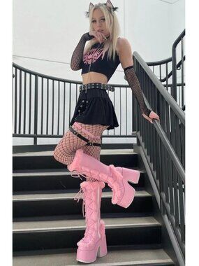 DEMONIA CAMEL-311 Faux Fur 5" Chunky Heel Platform Boots Pastel Pink - Size 8